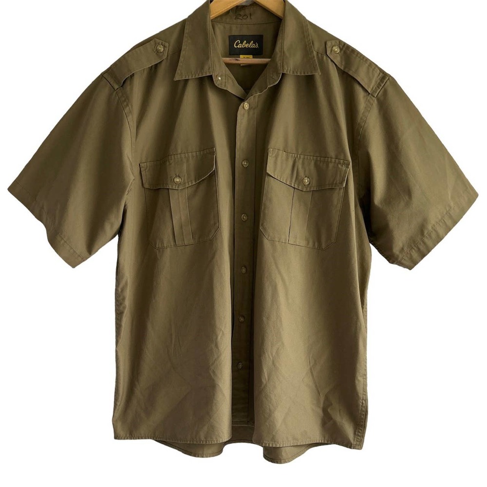 Cabela's Mens Size XL Tall Military Style Short‎ Sleeve Button Up Shirt Green